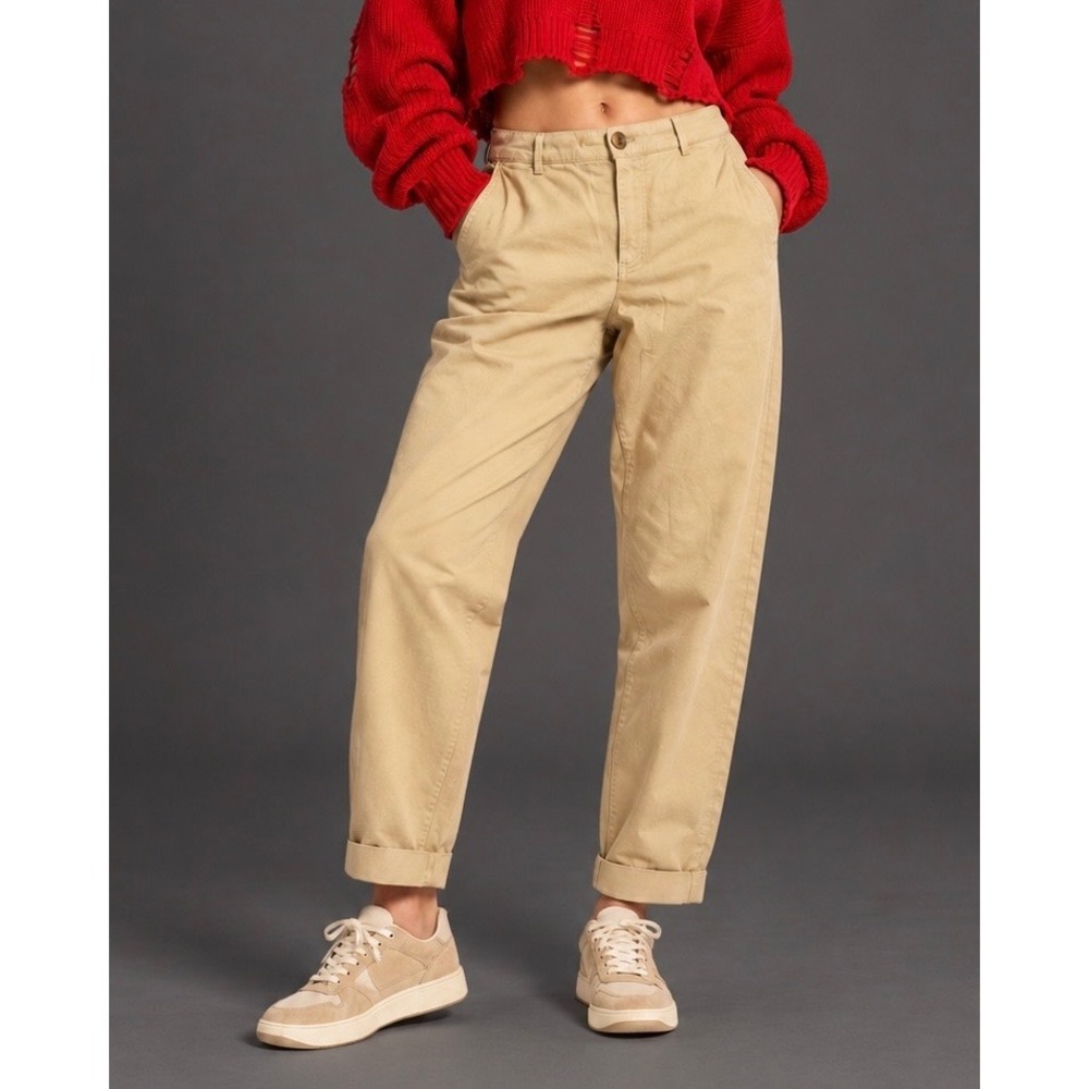 Zara Basic Chino Pants Tan Khaki Mid Rise Straight Leg Trousers USA 6